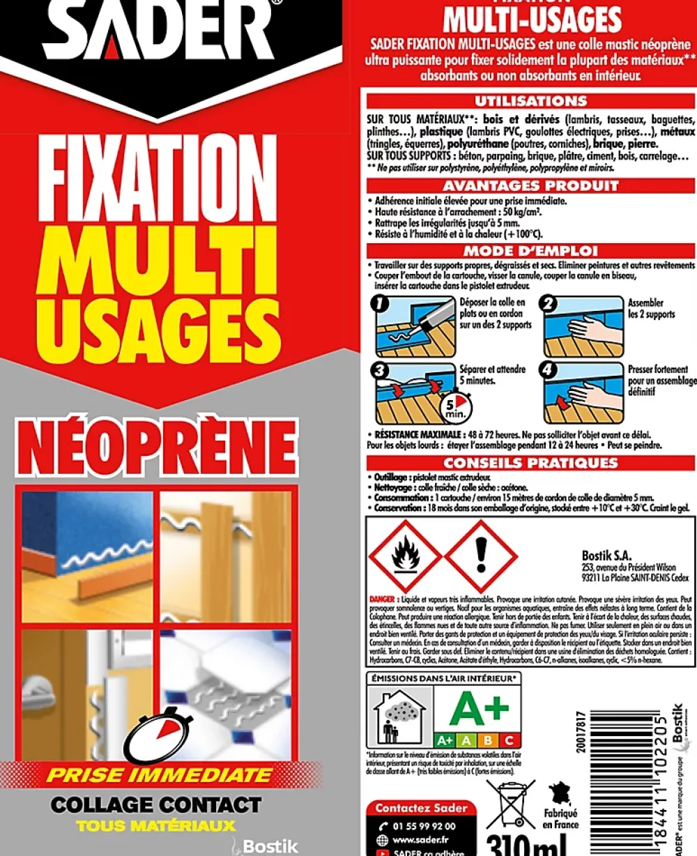 Sader Mastic de Fixation Multi-Usages Néoprène Cartouche 310 ml