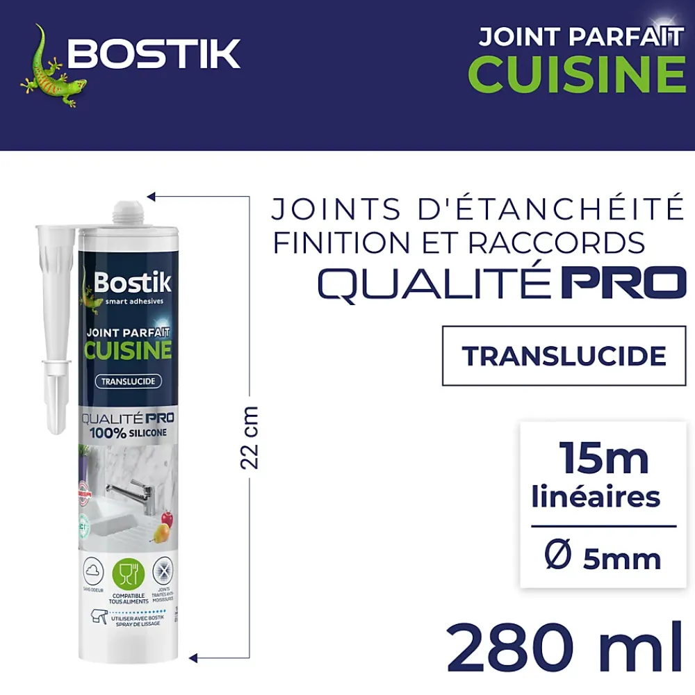 Bostik Mastic, Cartouche Joint Et Silicone-Mastic d’étanchéité spécial cuisine translucide Joint Parfait tous matériaux, cartouche de 280 ml