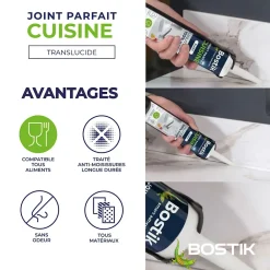 Bostik Mastic, Cartouche Joint Et Silicone-Mastic d’étanchéité spécial cuisine translucide Joint Parfait tous matériaux, cartouche de 280 ml