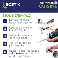 Bostik Mastic, Cartouche Joint Et Silicone-Mastic d’étanchéité spécial cuisine translucide Joint Parfait tous matériaux, cartouche de 280 ml
