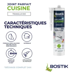 Bostik Mastic, Cartouche Joint Et Silicone-Mastic d’étanchéité spécial cuisine translucide Joint Parfait tous matériaux, cartouche de 280 ml