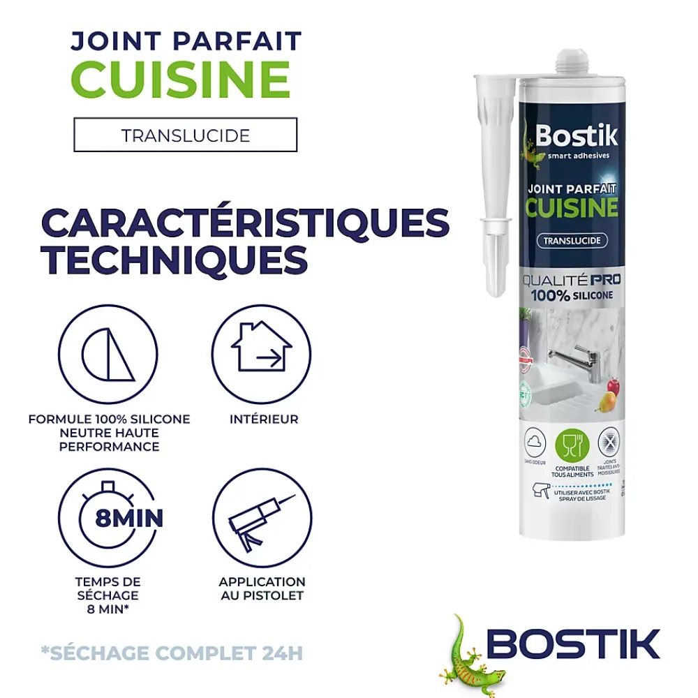 Bostik Mastic, Cartouche Joint Et Silicone-Mastic d’étanchéité spécial cuisine translucide Joint Parfait tous matériaux, cartouche de 280 ml