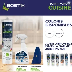 Bostik Mastic, Cartouche Joint Et Silicone-Mastic d’étanchéité spécial cuisine translucide Joint Parfait tous matériaux, cartouche de 280 ml
