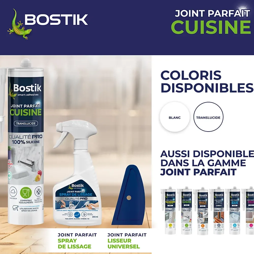 Bostik Mastic, Cartouche Joint Et Silicone-Mastic d’étanchéité spécial cuisine translucide Joint Parfait tous matériaux, cartouche de 280 ml