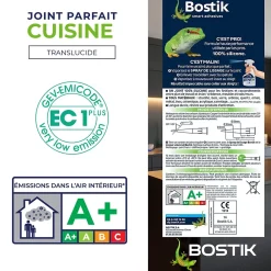 Bostik Mastic, Cartouche Joint Et Silicone-Mastic d’étanchéité spécial cuisine translucide Joint Parfait tous matériaux, cartouche de 280 ml