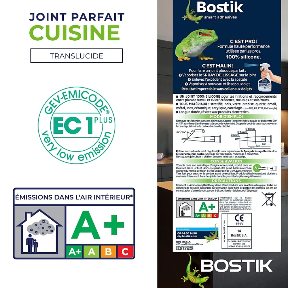 Bostik Mastic, Cartouche Joint Et Silicone-Mastic d’étanchéité spécial cuisine translucide Joint Parfait tous matériaux, cartouche de 280 ml