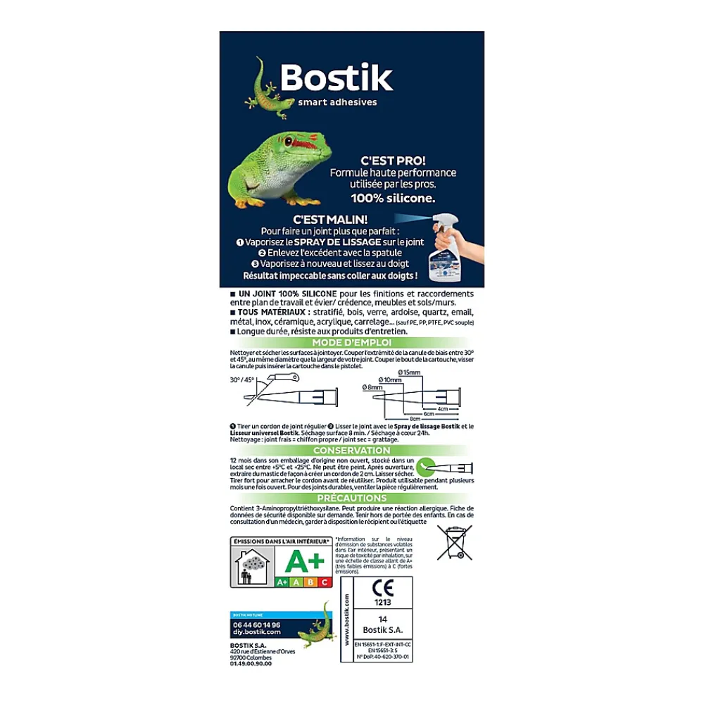 Bostik Mastic, Cartouche Joint Et Silicone-Mastic d’étanchéité spécial cuisine translucide Joint Parfait tous matériaux, cartouche de 280 ml