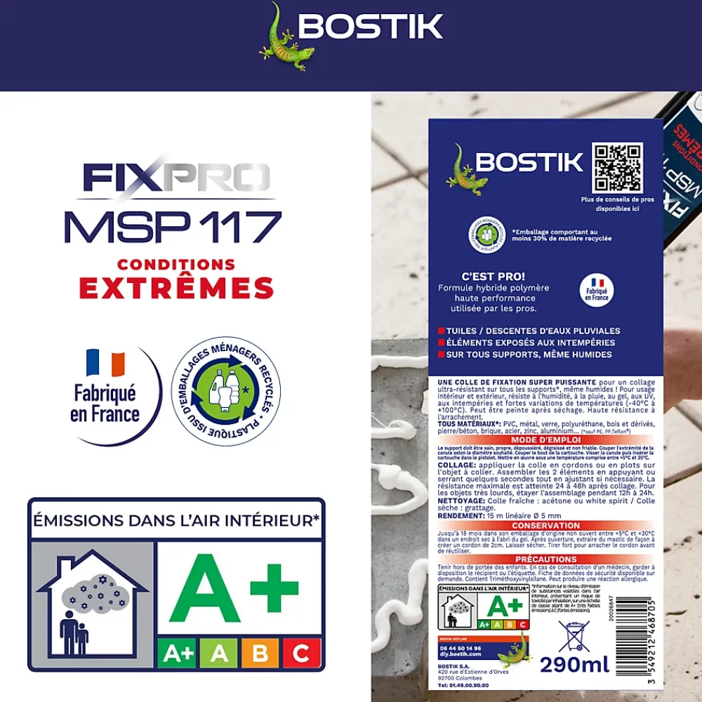 Bostik Colle-Mastic hybride polymère haute performance Fixpro conditions extrêmes 290 ml