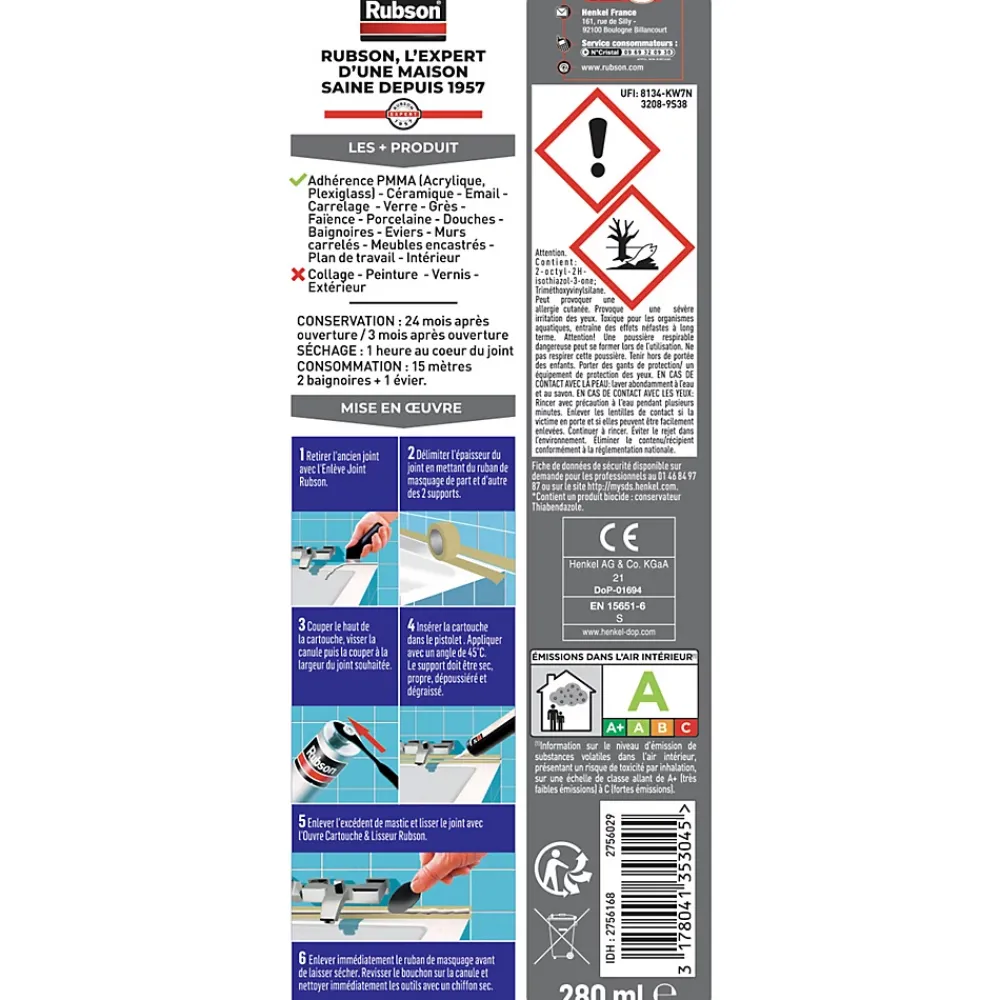 Rubson Mastic Bain & Cuisine Baignoire synthétique blanc cartouche 280ml
