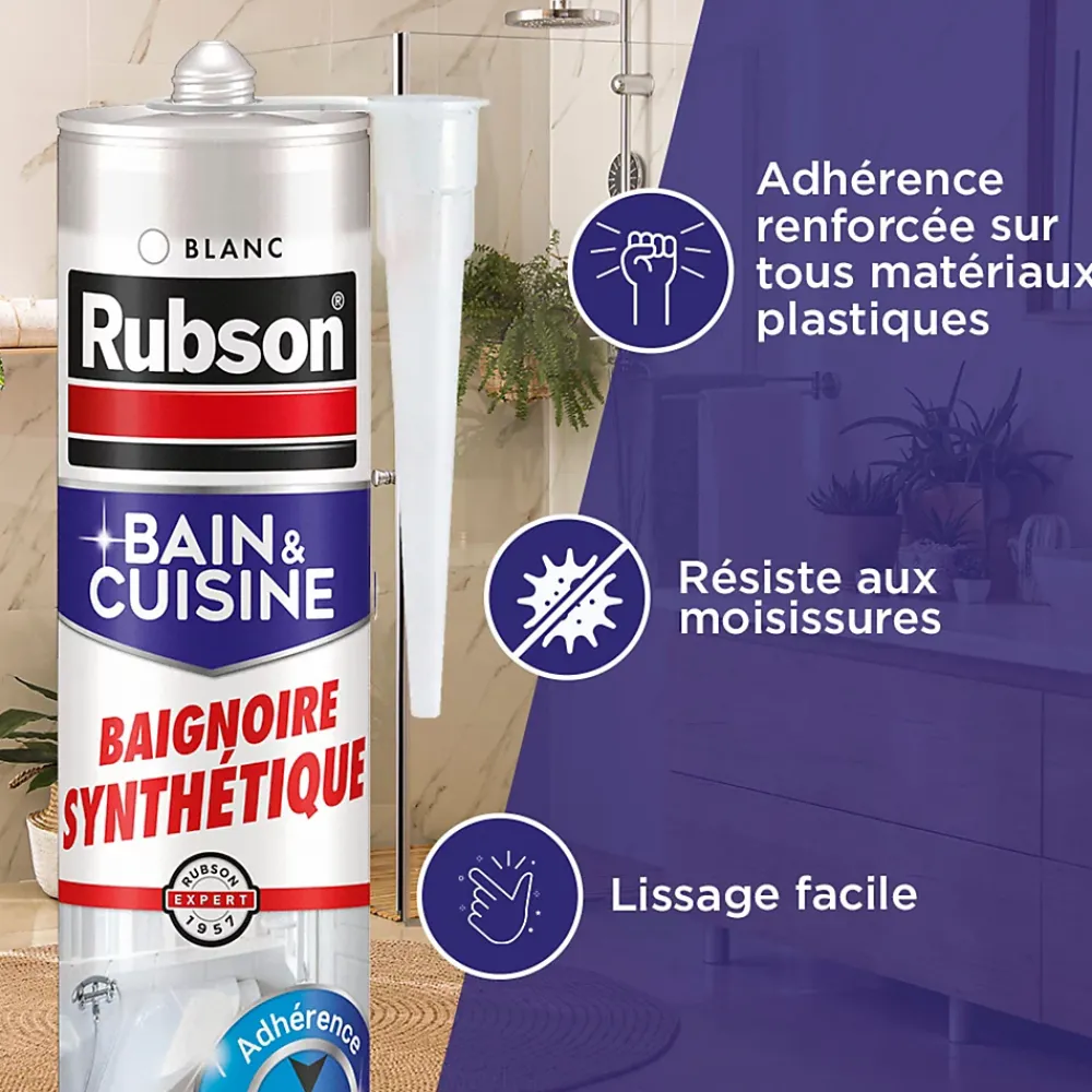 Rubson Mastic Bain & Cuisine Baignoire synthétique blanc cartouche 280ml
