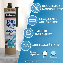 Rubson Mastic, Cartouche Joint Et Silicone-Mastic sanitaire transparent Salle de bain Saine 280 ml