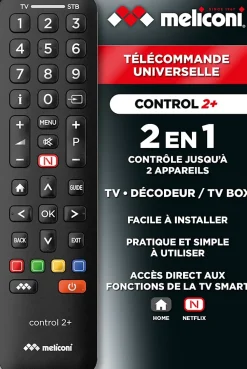 Meliconi - Télécommande universelle CONTROL 2+ pour 1 TV et 1 décodeur TNT ou SAT - 100% fonctions d'origine - Accès direct Netfli