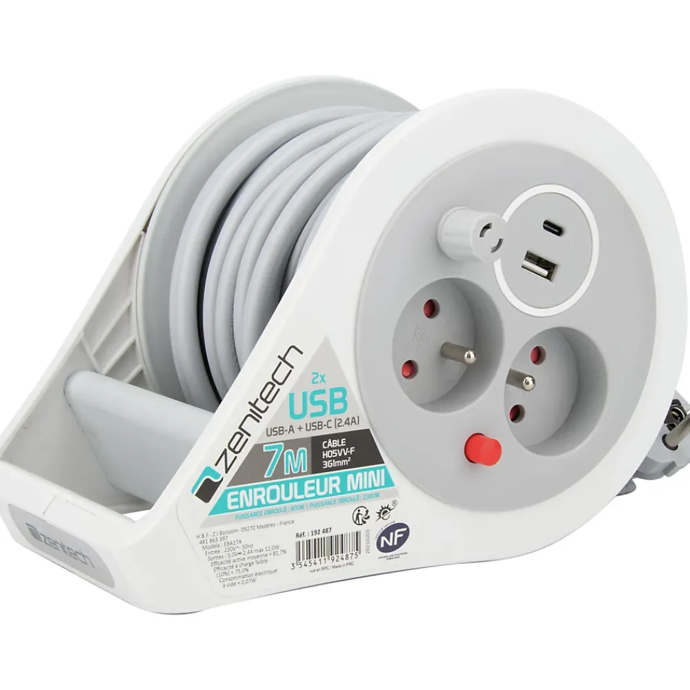 Zenitech Mini enrouleur H05VV-F 3G1 3 prise de 16A + USB 7m gris