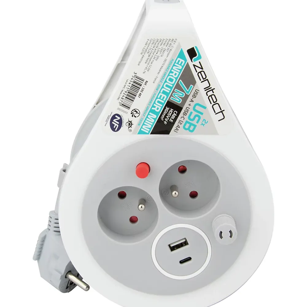 Zenitech Mini enrouleur H05VV-F 3G1 3 prise de 16A + USB 7m gris