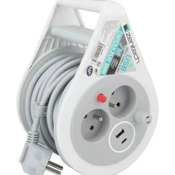 Zenitech Mini enrouleur H05VV-F 3G1 3 prise de 16A + USB 7m gris