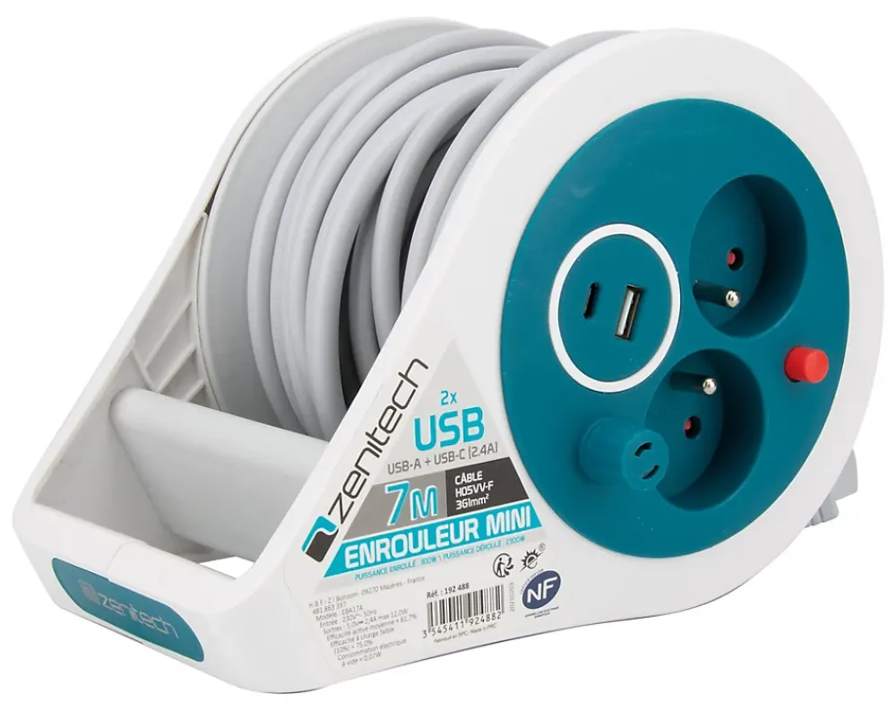 Zenitech Mini enrouleur 2 prises P+T + 2 USB - 7m - Bleu -