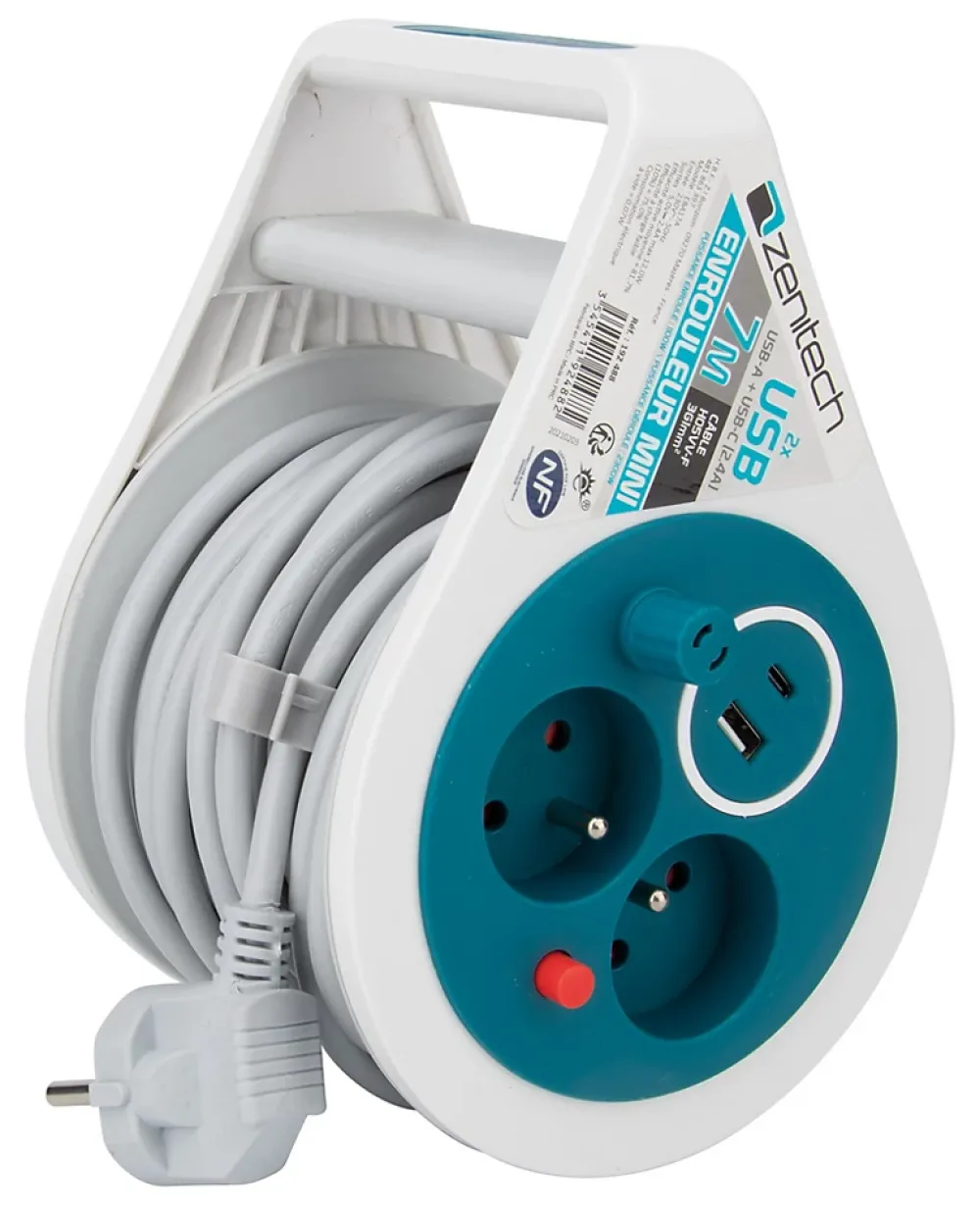 Zenitech Mini enrouleur 2 prises P+T + 2 USB - 7m - Bleu -