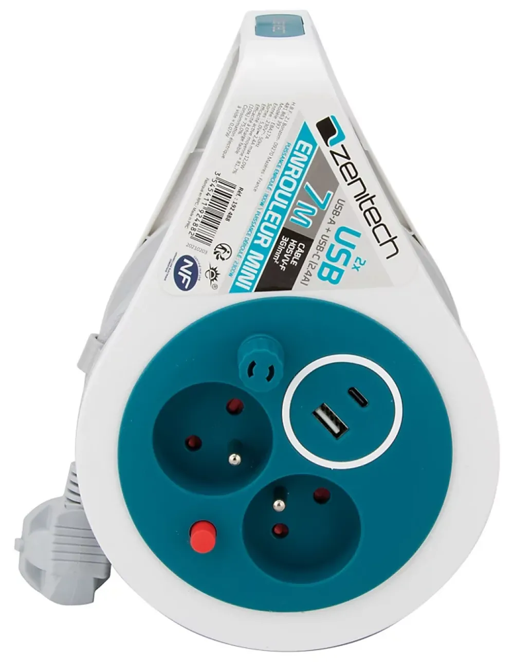 Zenitech Mini enrouleur 2 prises P+T + 2 USB - 7m - Bleu -