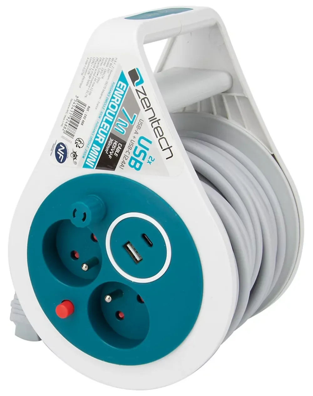 Zenitech Mini enrouleur 2 prises P+T + 2 USB - 7m - Bleu -