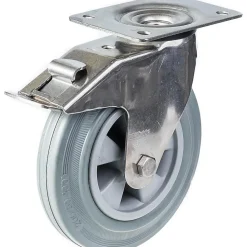 Parnells 200mm 8" roulettes en acier inoxydable caoutchouc gris, pivotantes avec frein, 205kg