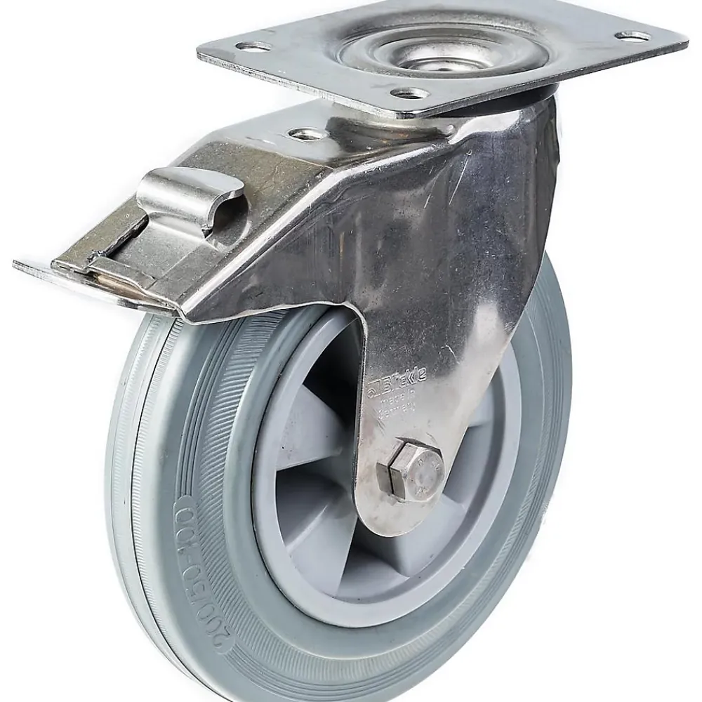 Parnells 200mm 8" roulettes en acier inoxydable caoutchouc gris, pivotantes avec frein, 205kg