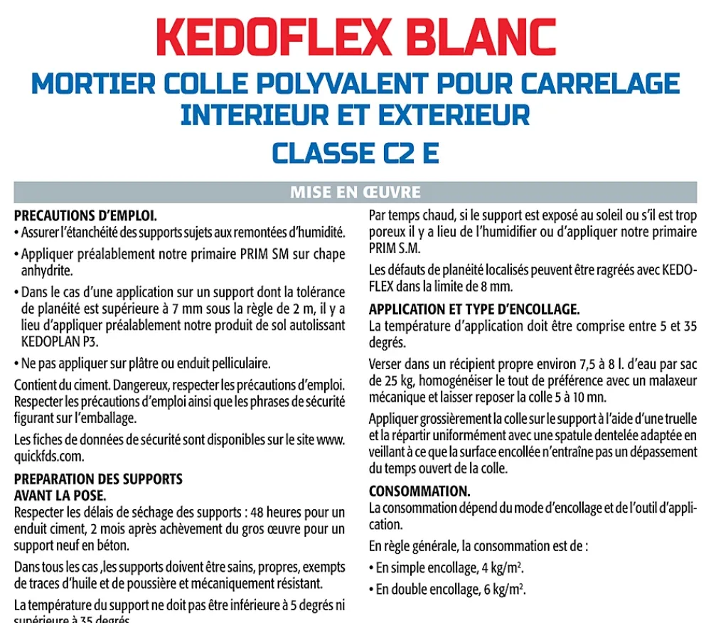 Semin Colle Carrelage-Mortier Colle Polyvalent pour Carrelage Kedoflex Blanc , Intérieur/Extérieur, sac de 25 kg, lot de 3
