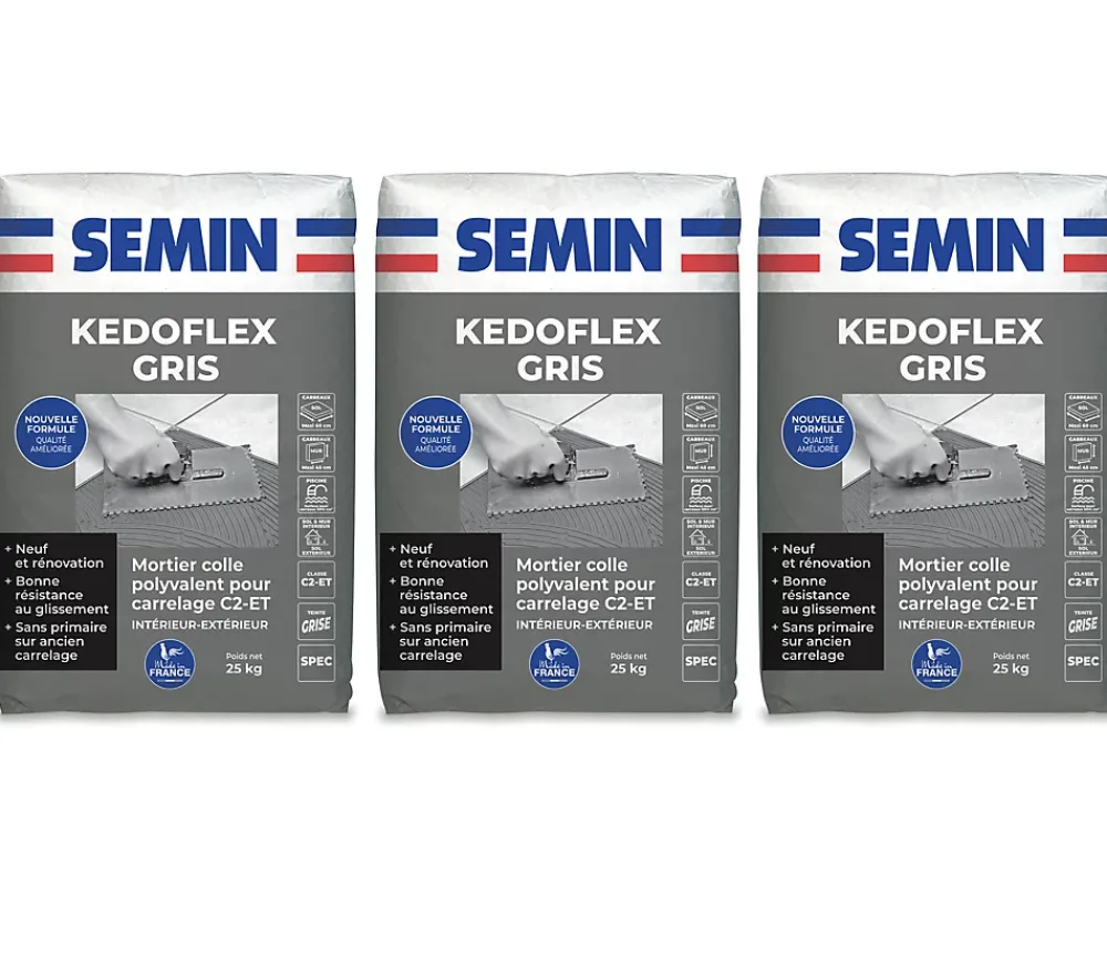 Semin Colle Carrelage-Mortier Colle Polyvalent pour Carrelage Kedoflex Gris , Intérieur/Extérieur, sac de 25 kg, lot de 3