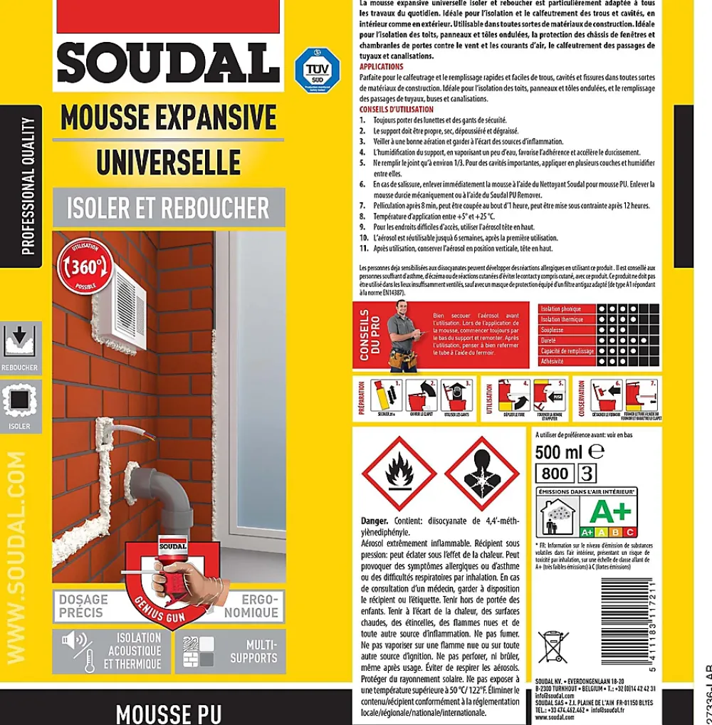 Soudal Mousse Expansive-Mousse expansive Isoler et reboucher 360 500ml