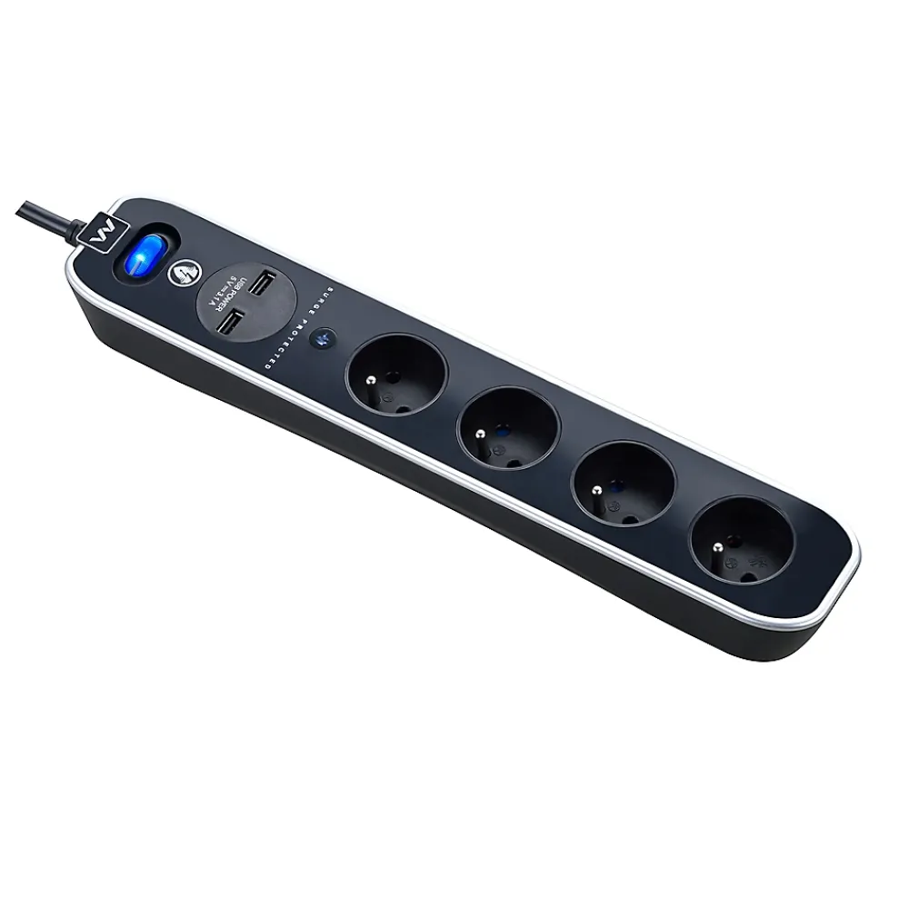 Masterplug Multiprise-Multiprise parafoudre avec interrupteur 4 prises noir USB 2 m