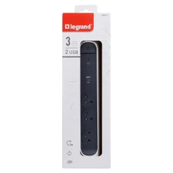 Legrand Multiprise parafoudre 3 prises + + 2 chargeurs USB-A et C blanc et gris 1.5 m