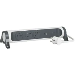 Legrand Multiprise parafoudre 3 prises + + 2 chargeurs USB-A et C blanc et gris 1.5 m