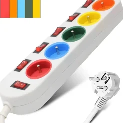 Fishtec Multiprise-Multiprise 5 Prises Interrupteurs Câble 150 cm Stickers Couleurs