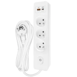 Seldur Transformateur, Convertisseur Et Chargeur Usb-Multiprise G3FH12B, 3 prises type E + interrupteur, USB A+C charge rapide 20W, Blanc, câble 1.5m