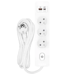 Seldur Transformateur, Convertisseur Et Chargeur Usb-Multiprise G3FH12B, 3 prises type E + interrupteur, USB A+C charge rapide 20W, Blanc, câble 1.5m