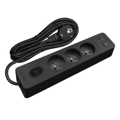 Seldur Transformateur, Convertisseur Et Chargeur Usb-Multiprise G3FH32S, 3 prises type E + interrupteur, USB A+C charge rapide 20W, Noir, câble 3m