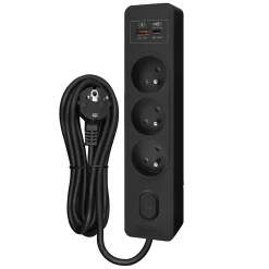 Seldur Transformateur, Convertisseur Et Chargeur Usb-Multiprise G3FH32S, 3 prises type E + interrupteur, USB A+C charge rapide 20W, Noir, câble 3m