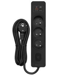 Seldur Transformateur, Convertisseur Et Chargeur Usb-Multiprise G3FH32S, 3 prises type E + interrupteur, USB A+C charge rapide 20W, Noir, câble 3m