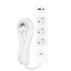 Seldur Transformateur, Convertisseur Et Chargeur Usb-Multiprise G3FU22B, 3 prises type E + interrupteur, USB A+C charge standard 12W, Blanc, câble 2m
