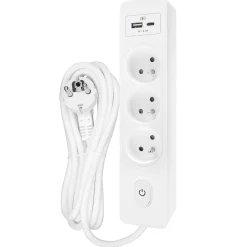 Seldur Multiprise G3FU52B, 3 prises type E + interrupteur, USB A+C charge standard 12W, Blanc, câble 5m