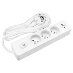 Seldur Multiprise G3FU52B, 3 prises type E + interrupteur, USB A+C charge standard 12W, Blanc, câble 5m