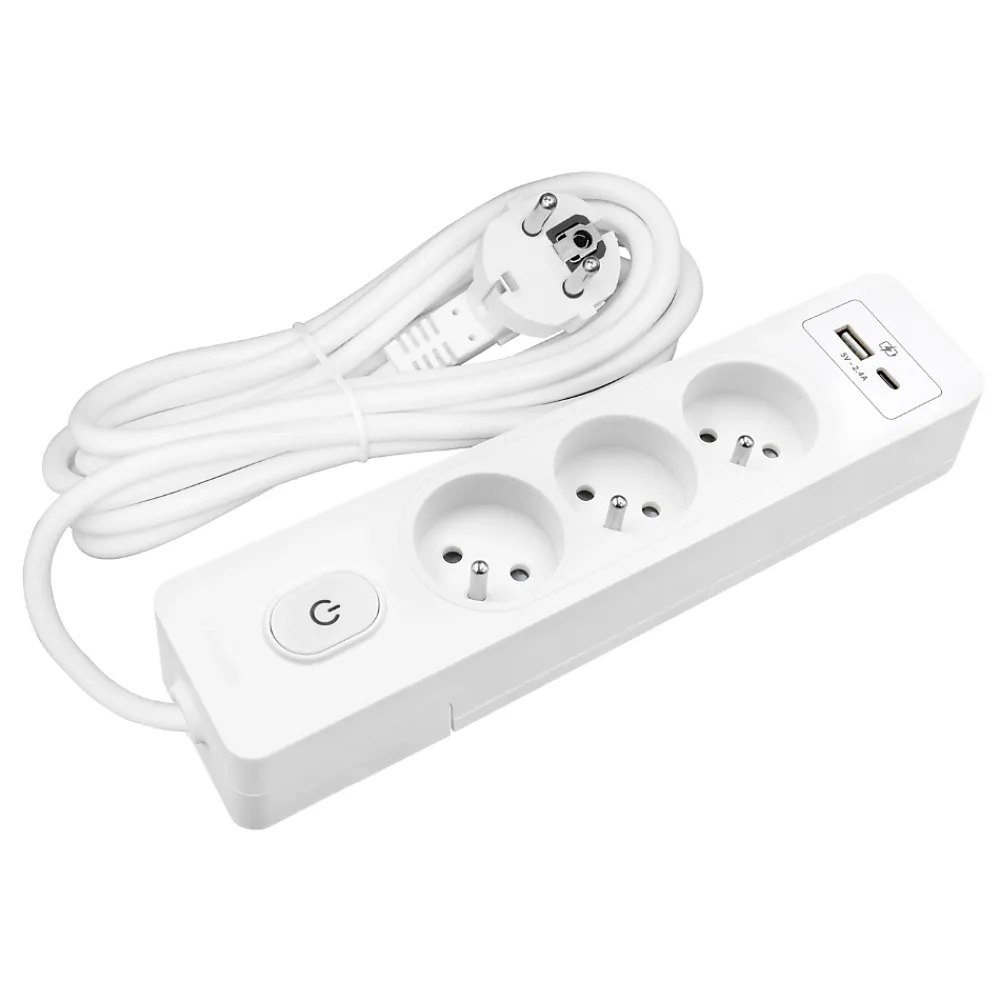 Seldur Multiprise G3FU52B, 3 prises type E + interrupteur, USB A+C charge standard 12W, Blanc, câble 5m