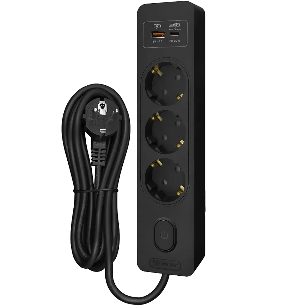 Seldur Multiprise G3TH12S, 3 prises type F + interrupteur, USB A+C charge rapide 20W, Noir, câble 1.5m