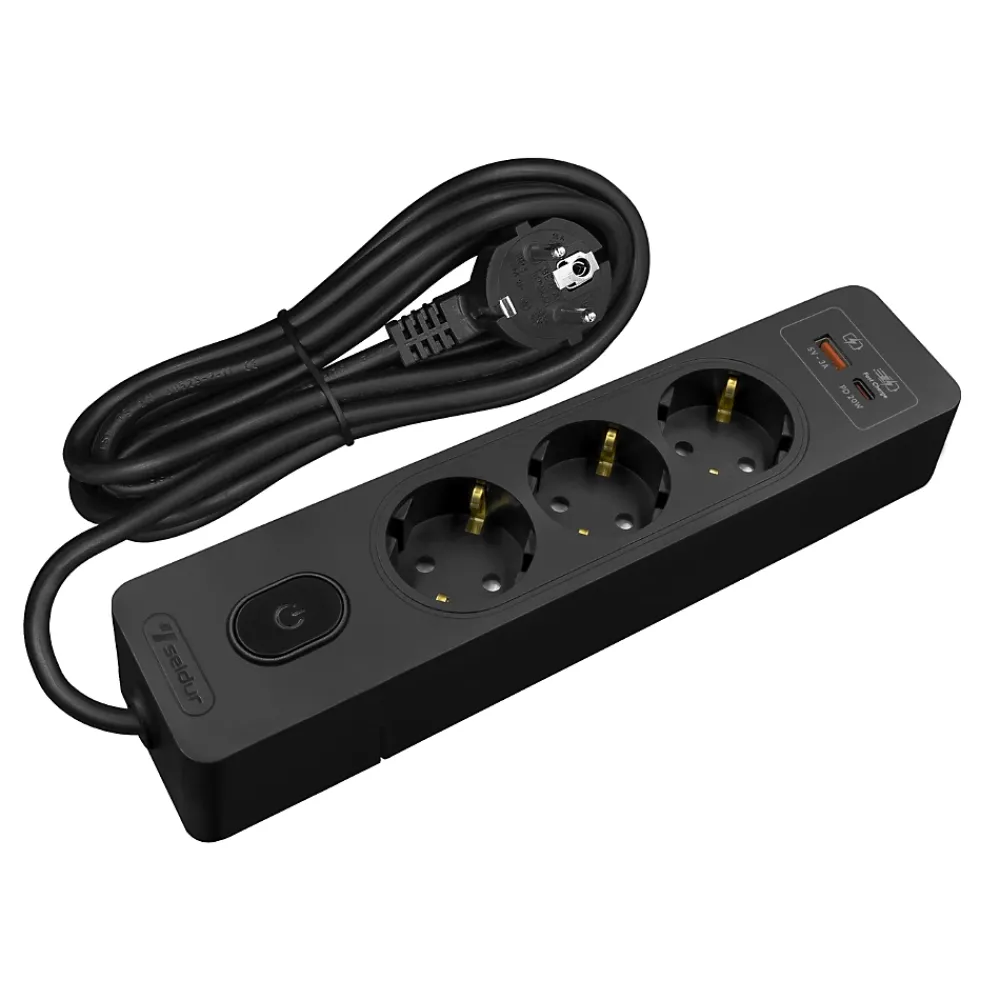 Seldur Multiprise G3TH12S, 3 prises type F + interrupteur, USB A+C charge rapide 20W, Noir, câble 1.5m