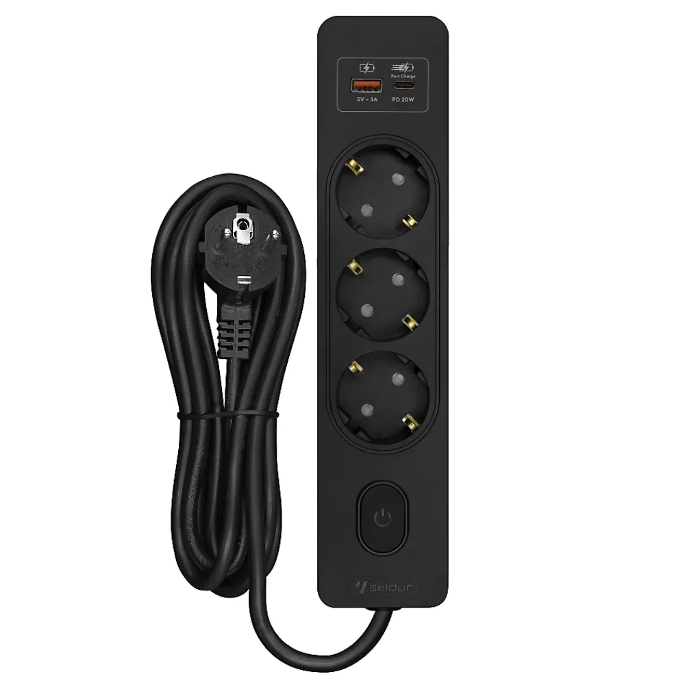 Seldur Multiprise G3TH12S, 3 prises type F + interrupteur, USB A+C charge rapide 20W, Noir, câble 1.5m