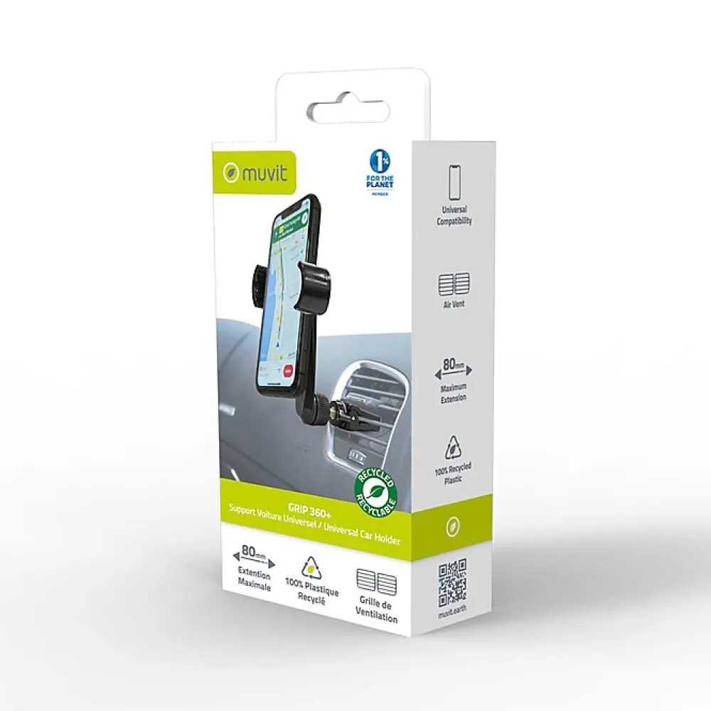 Muvit Accessoire Smartphone Et Tablette-Support Voiture Universel 360 degrés Grip Déporté Rotatif Extensible 80mm Noir