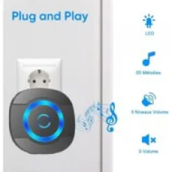 Deko Noir Sonnette de Porte sans Fil 300M Étanche Carillon Electronique avec Récepteur Enfichable pour la Maison 55 Mélodies LED