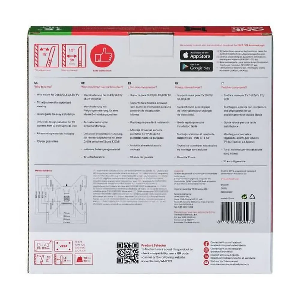 One For All Support Tv-WM2221 Support mural TV inclinable 13" - 43" noir, charge 50 kg
