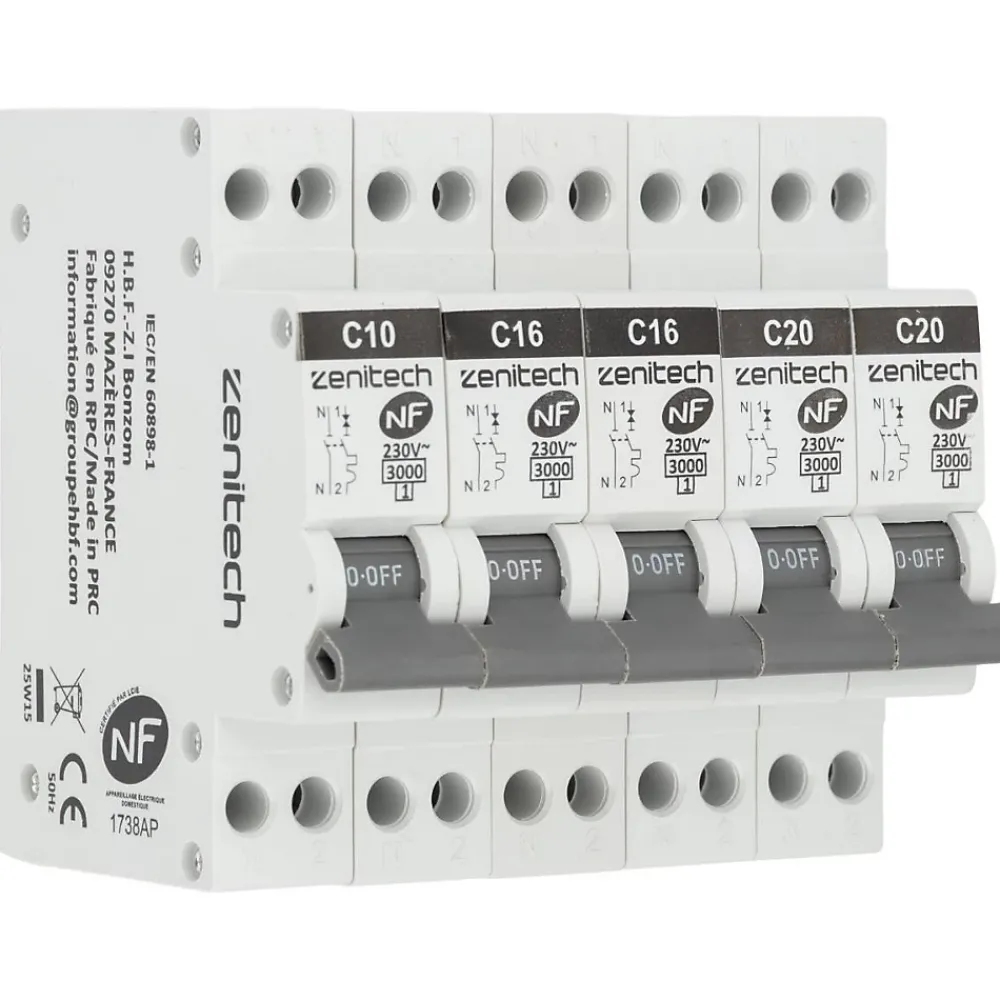 Zenitech Disjoncteur Et Coupe-Circuit-Pack de 5 disjoncteurs 1x10A + 2x16A + 2x20A -