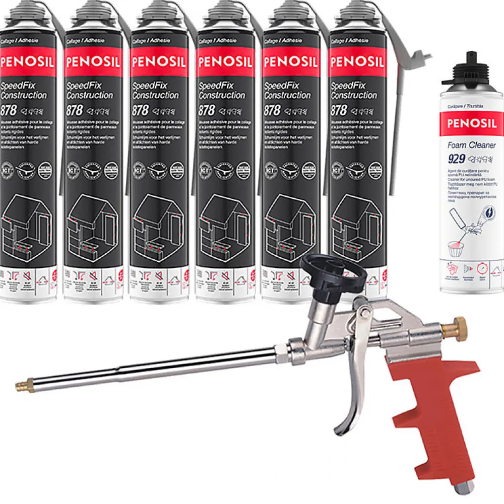 Penosil Mousse Expansive-Pack 6 Mousses colle universelle SpeedFix Construction 878 pistolable 690ml + Nettoyant FoamCleaner929 500ml + Pistolet