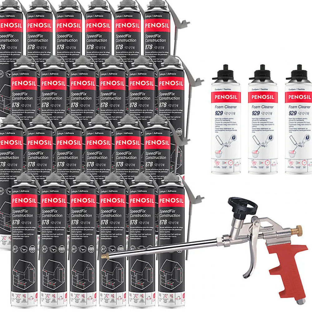 Penosil Pack 24 Mousses colle univ SpeedFix Construction 878 pistolable 690ml + 3 Nettoyants FoamCleaner 929 500ml + Pistolet